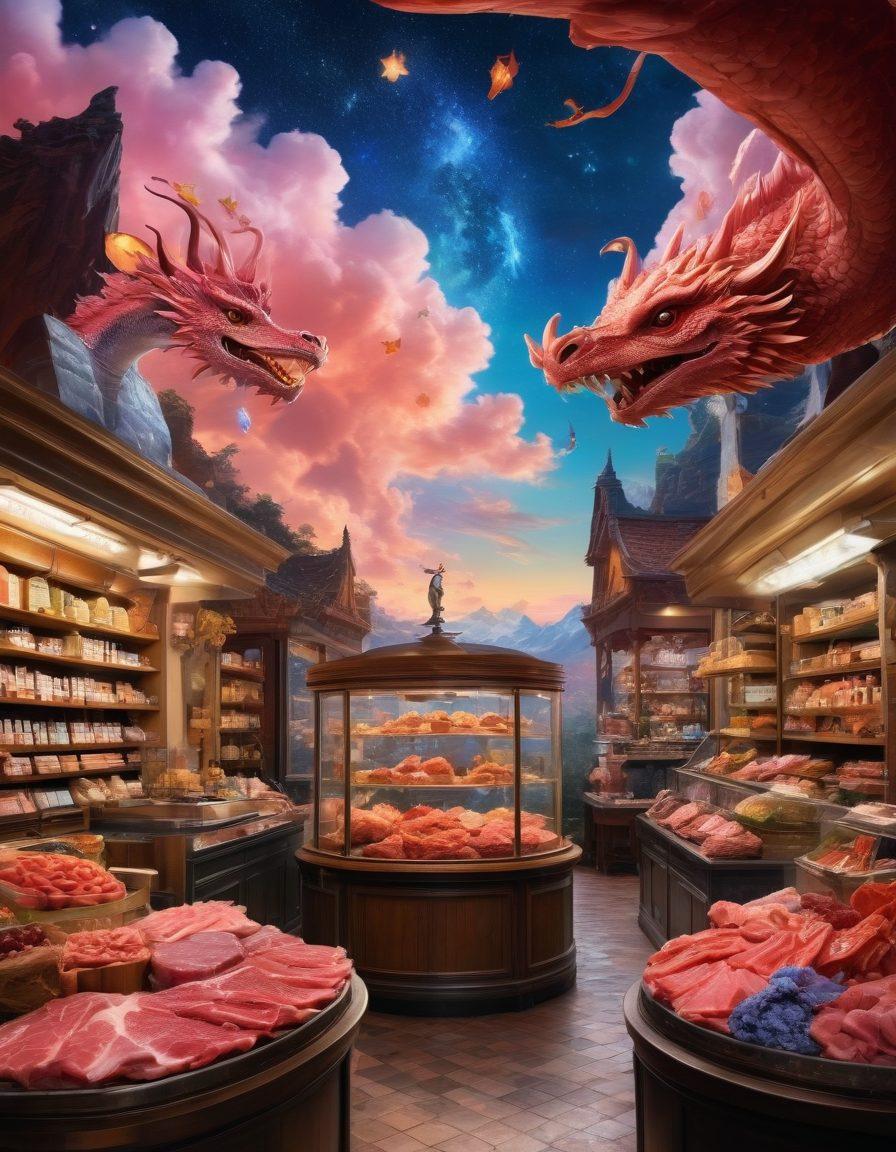 A surreal tableau showcasing a vibrant butcher's shop juxtaposed with fantastical elements from hentai art, featuring colorful meats hanging like art pieces, alongside whimsical characters inspired by anime, vividly colored with an ethereal glow. The background should blend classic butcher's tools with playful, fantasy motifs such as magical creatures and dreamlike landscapes. super-realistic. vibrant colors. fantasy art.