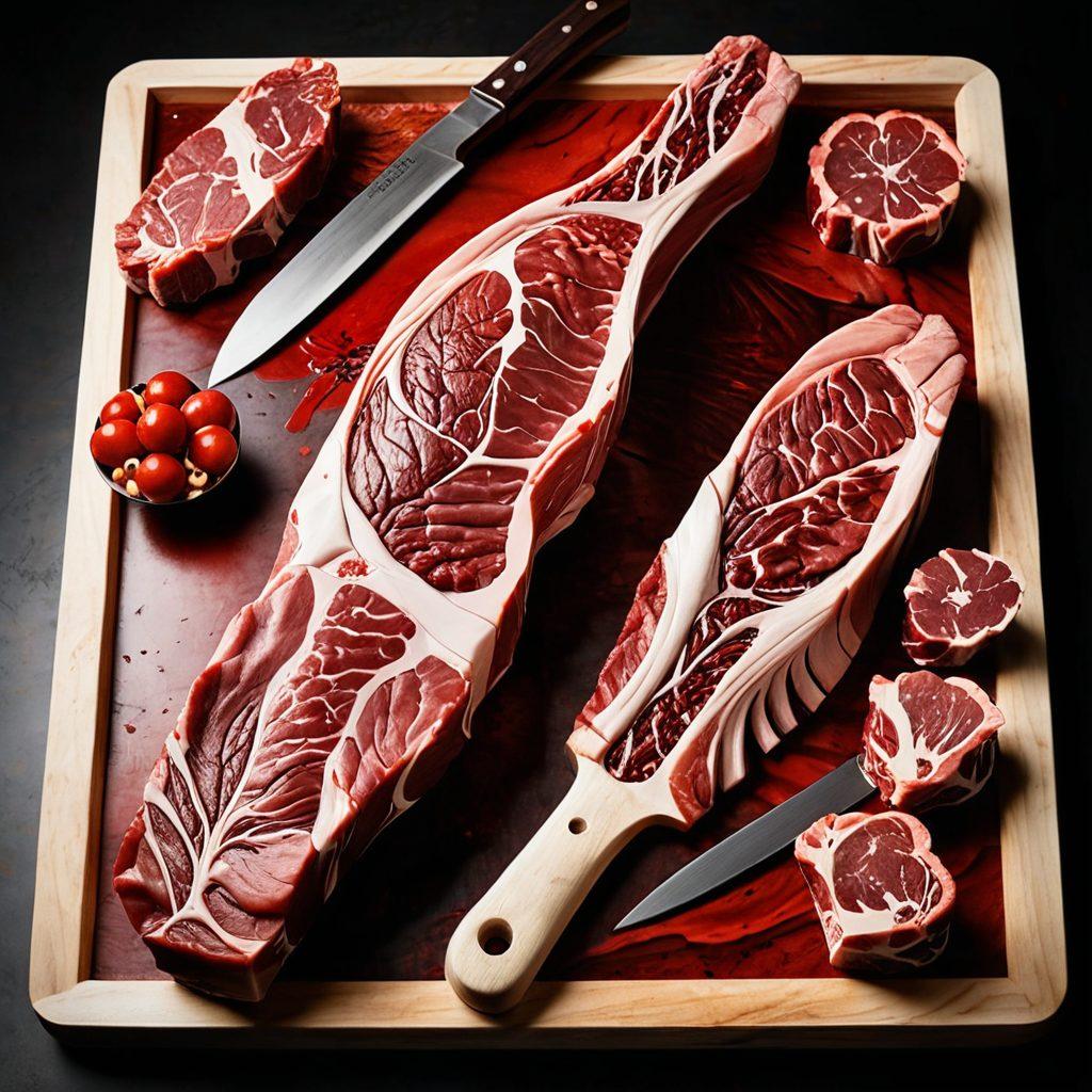 A surreal composition merging the intricate details of meat cuts with sensual elements from adult entertainment, showcasing a butcher's skillful hands at work. The background features vibrant textures of red meat and flesh intertwining with playful, abstract shapes suggesting eroticism. A juxtaposition of traditional butchery tools alongside artistic sculptures infused with raw passion. super-realistic. vibrant colors. dramatic lighting.